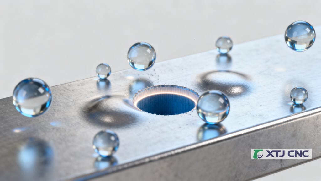 3D cutaway of beads impacting surface and stress layer