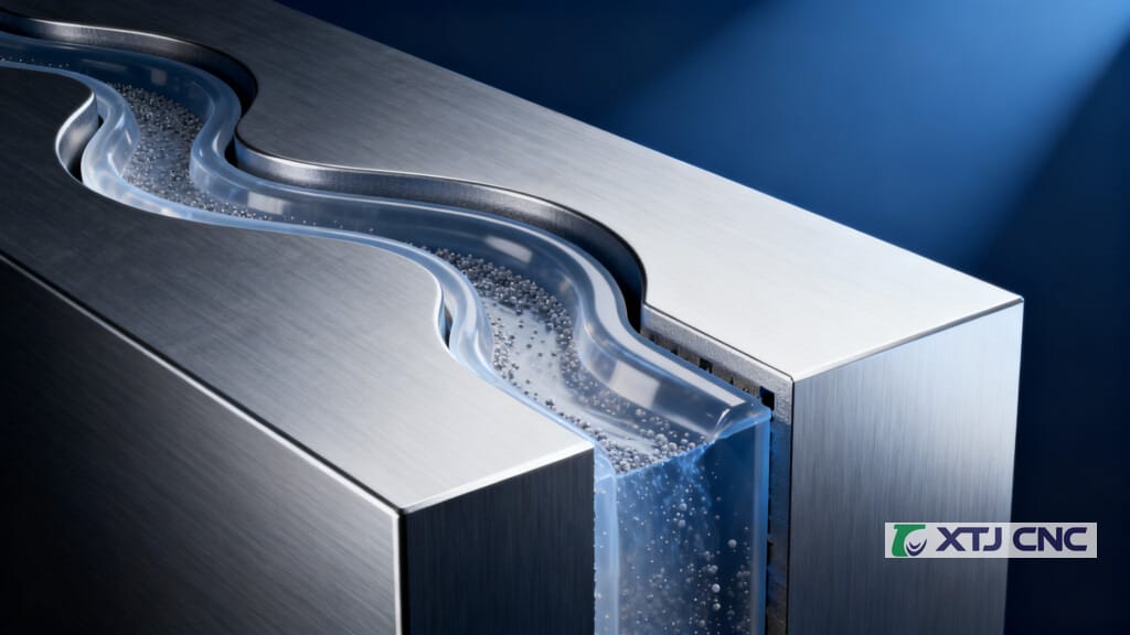3D render of abrasive media flowing through an internal groove