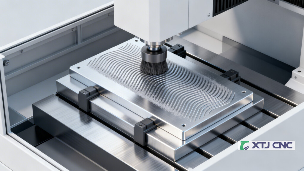3D render of CNC brushing toolpath on aluminum plate