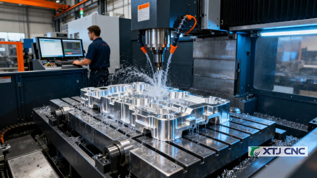 5-axis CNC machining center cutting a complex aluminum part