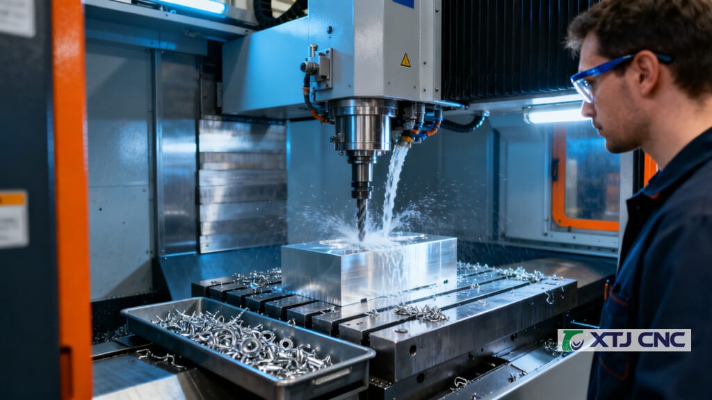 5-axis CNC mill cutting aluminum with coolant and chips