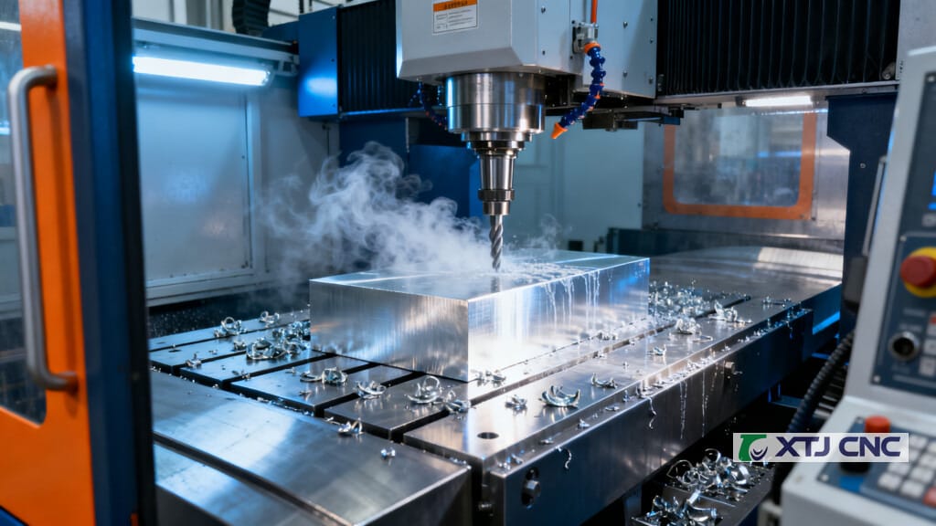 5-axis CNC milling aluminum billet with visible toolpaths