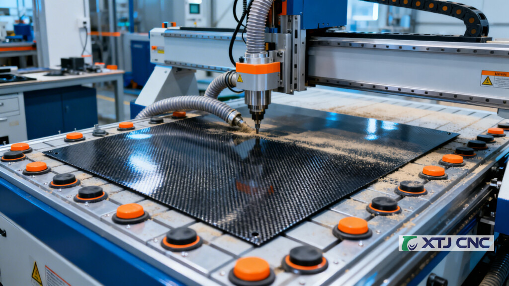 5-axis CNC router machining a carbon fiber panel