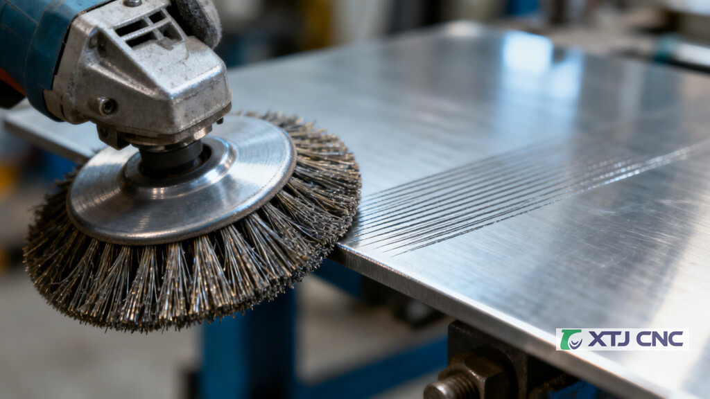 Abrasive brush contacting stainless steel creating grain lines