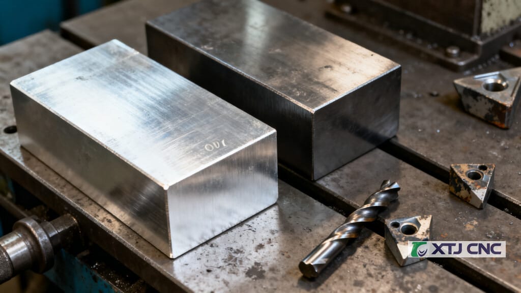 Aluminum and stainless billets with cutting tools showing wear