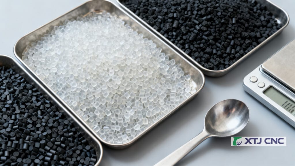 Assorted polymer pellets used as feedstock for plastic parts