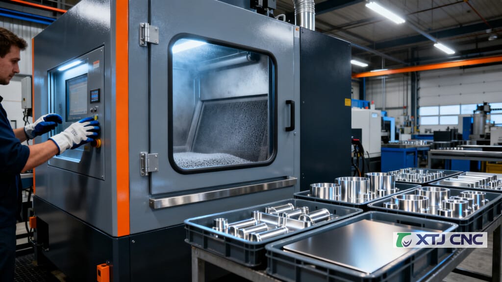 Bead blasting cabinet beside satin-finished aluminum parts