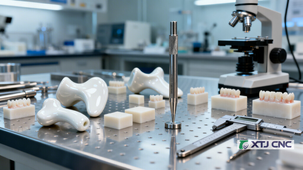 Bioceramic hip and dental components on inspection bench