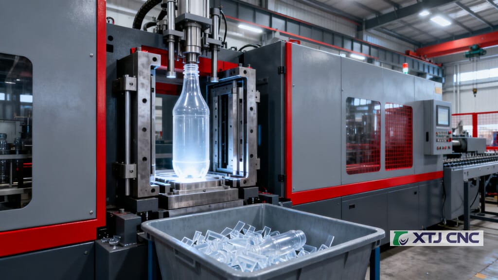 Blow molding line forming hollow plastic bottles
