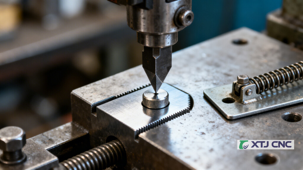 Close-up of a pierce punch aligned to a tool-steel die block