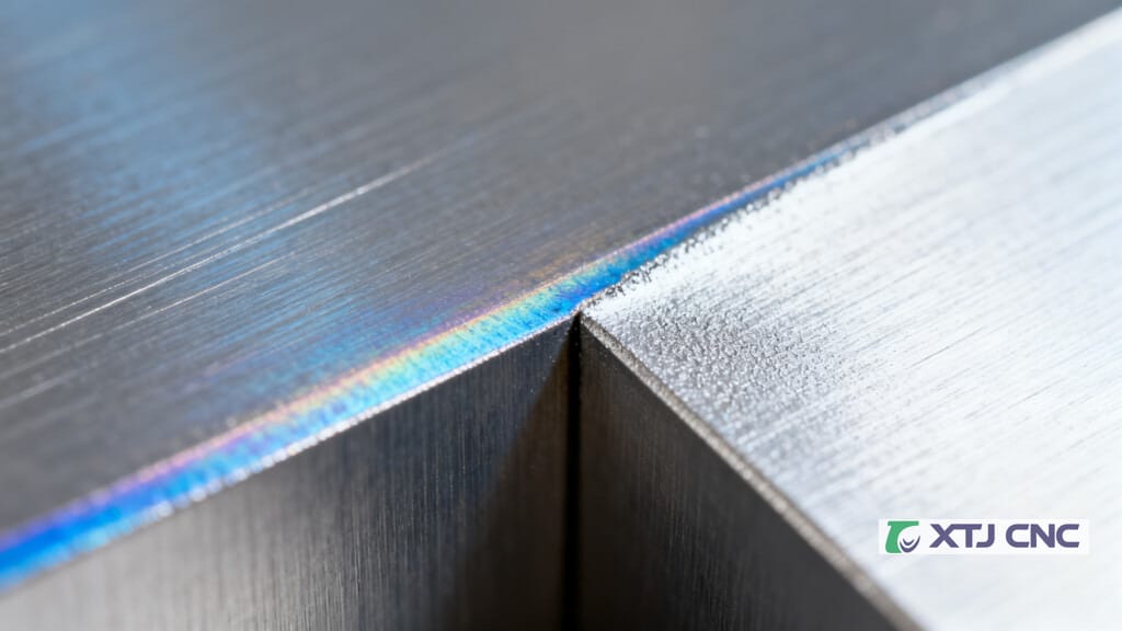 Close-up of aluminum surface showing oxide versus freshly abraded metal