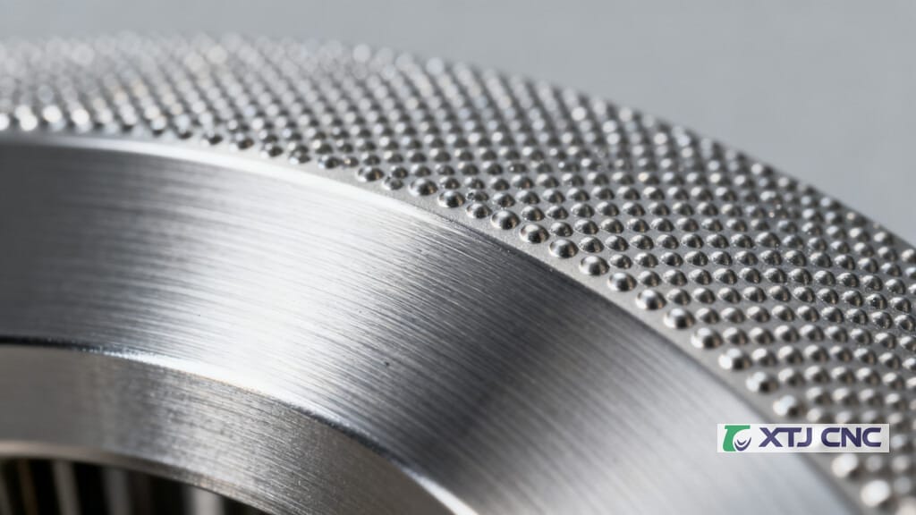 Close-up of bead-blasted satin texture on aluminum