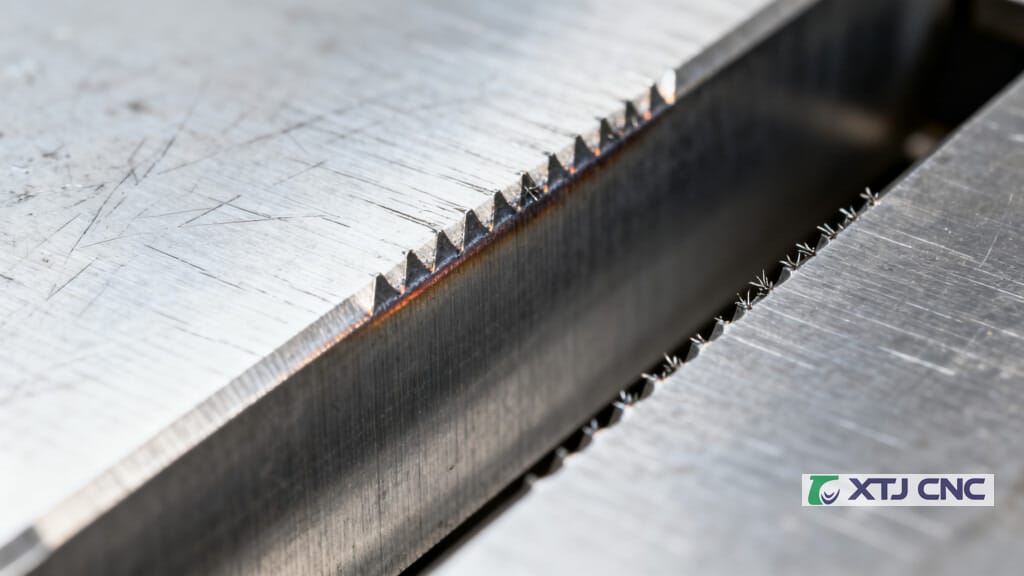 Close-up of tool marks and burrs inside a machined groove