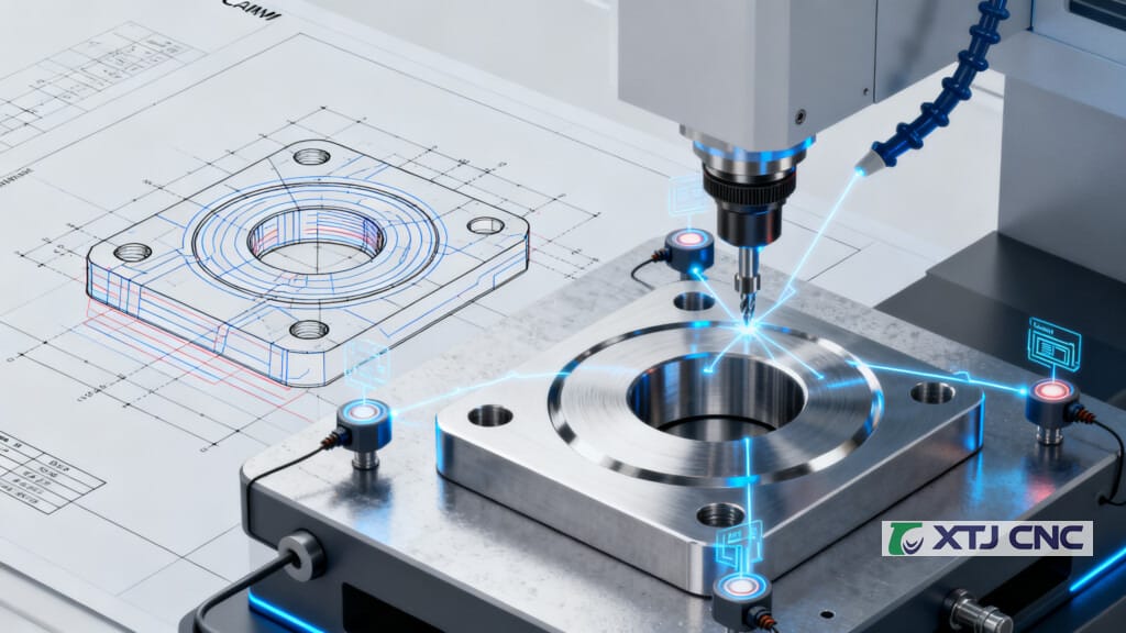 Closed-loop CNC workflow linking digital model, toolpaths, and machined part