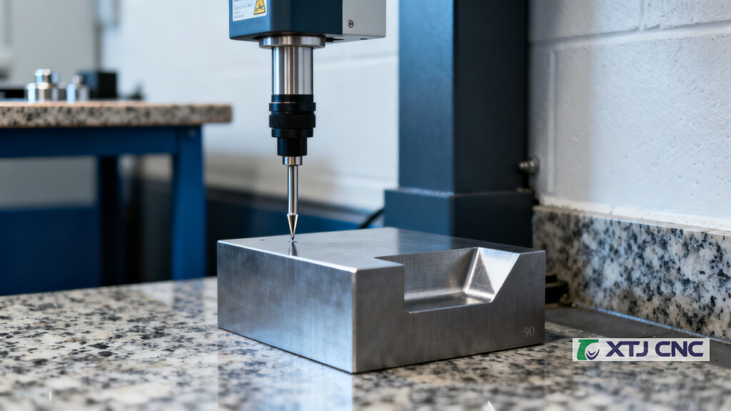 CMM probe checking perpendicularity of a shoulder-milled step