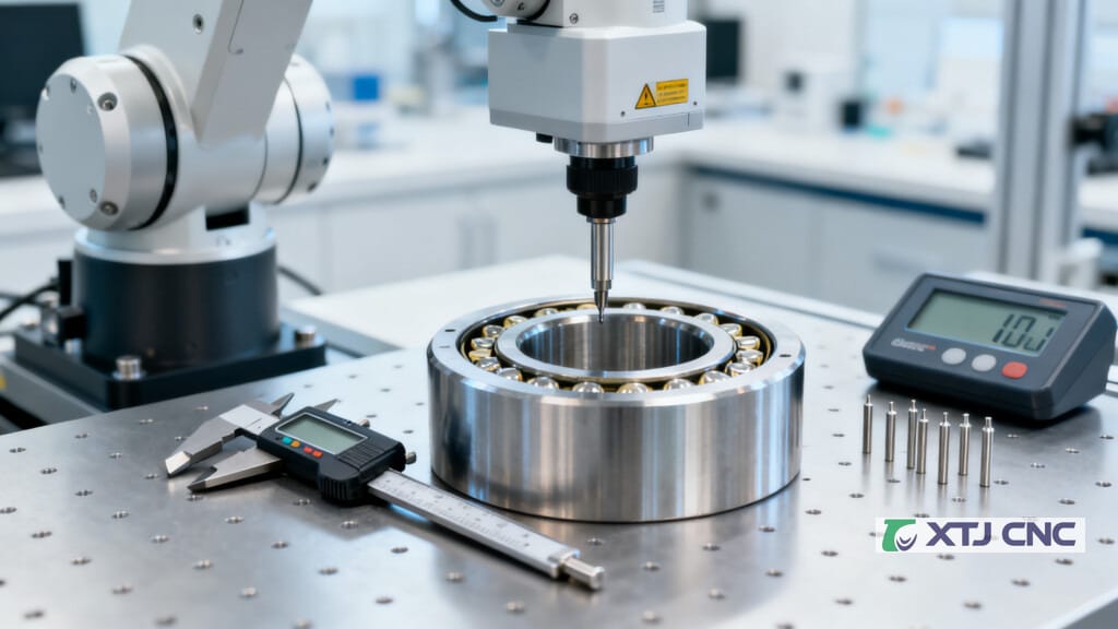 Precision CNC machined robot bearing seat showing tight tolerances