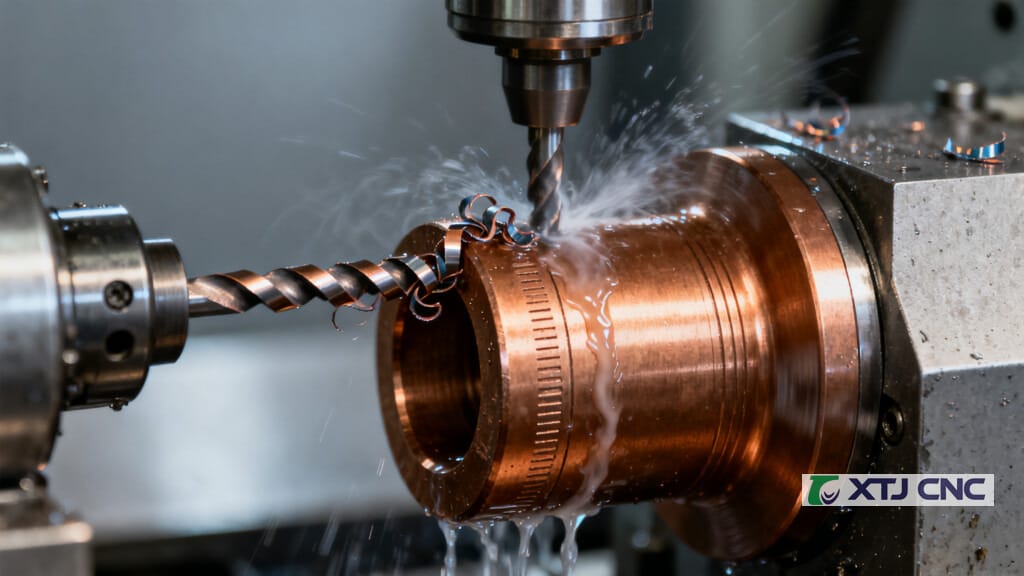 CNC lathe turning a bronze bushing with segmented chips