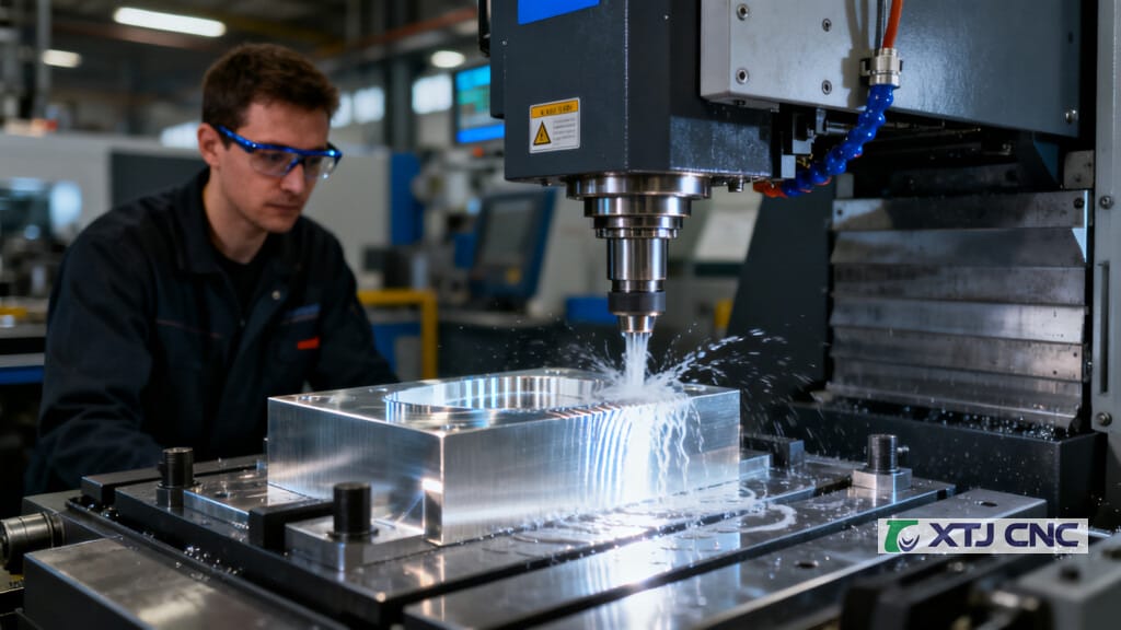 CNC mill cutting aluminum with sharp chamfered edges