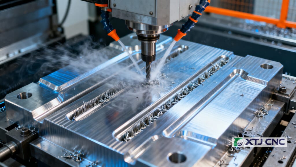 CNC milling machine cutting a grooved metal component