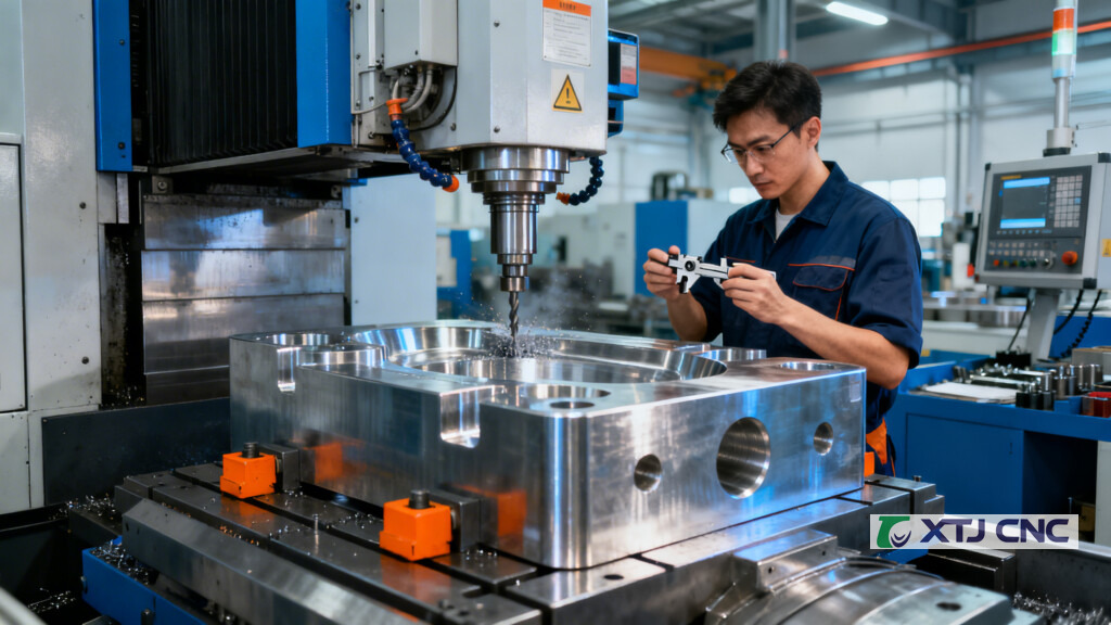 CNC milling machine machining a large steel die shoe