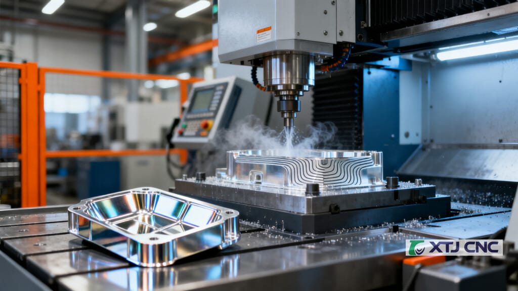 CNC milling machine producing a smooth metal surface
