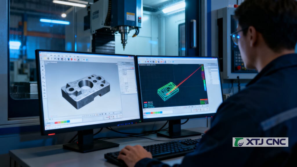 CNC programmer creating and simulating a 5-axis CAM toolpath