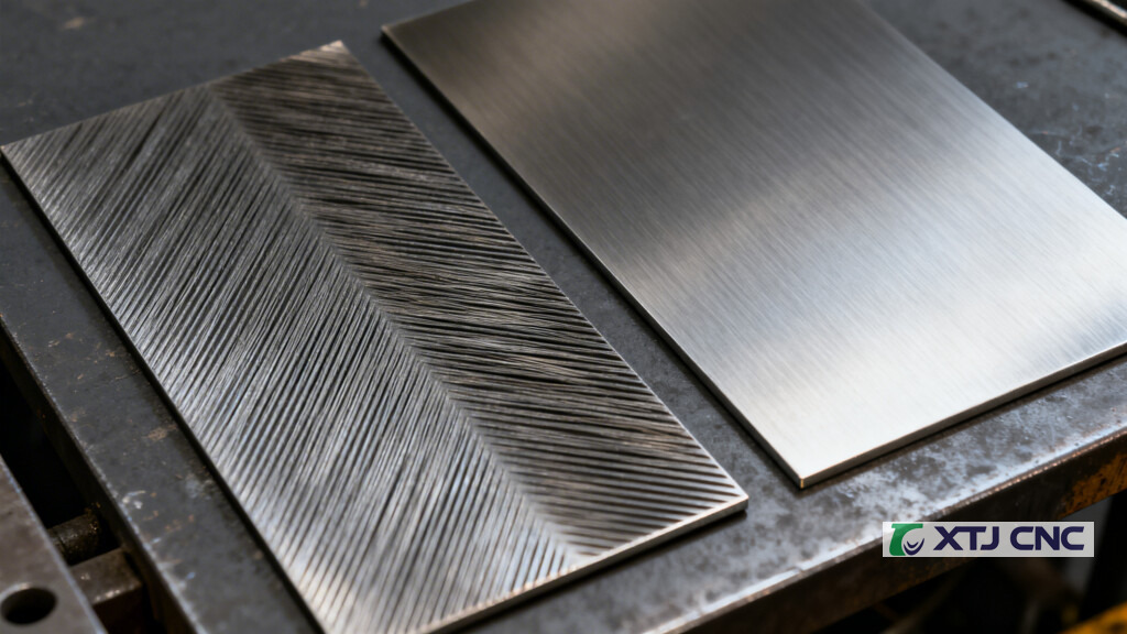Coarse belt-sanded panel next to uniform brushed panel