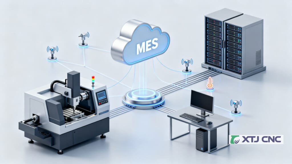 Connected CNC factory showing machines, software, and data links