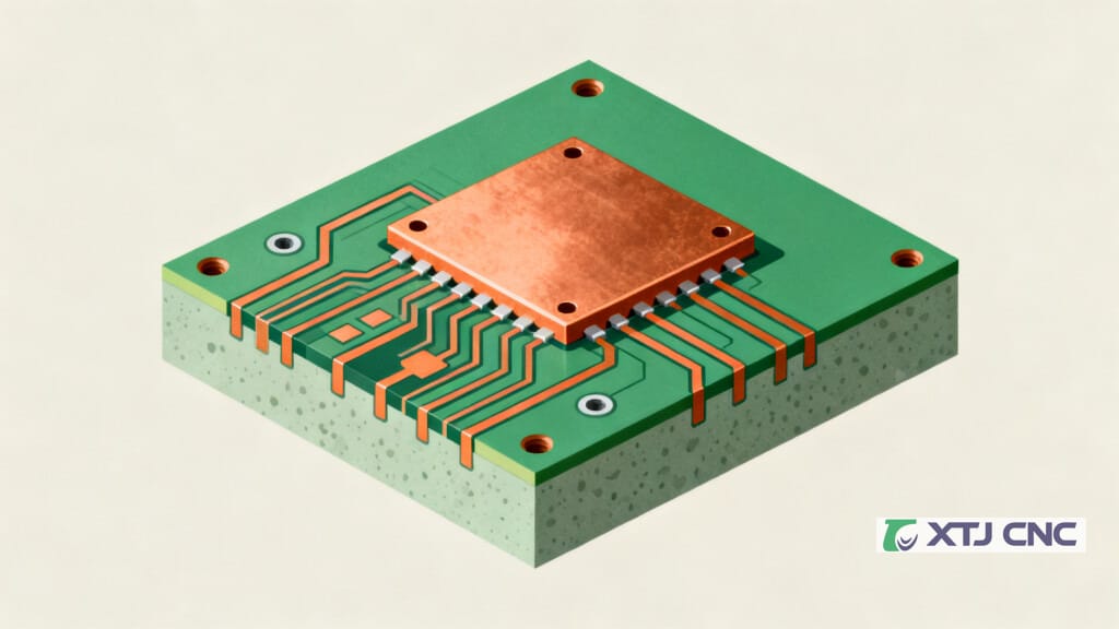 Cutaway diagram of FR-4 PCB with copper traces and holes