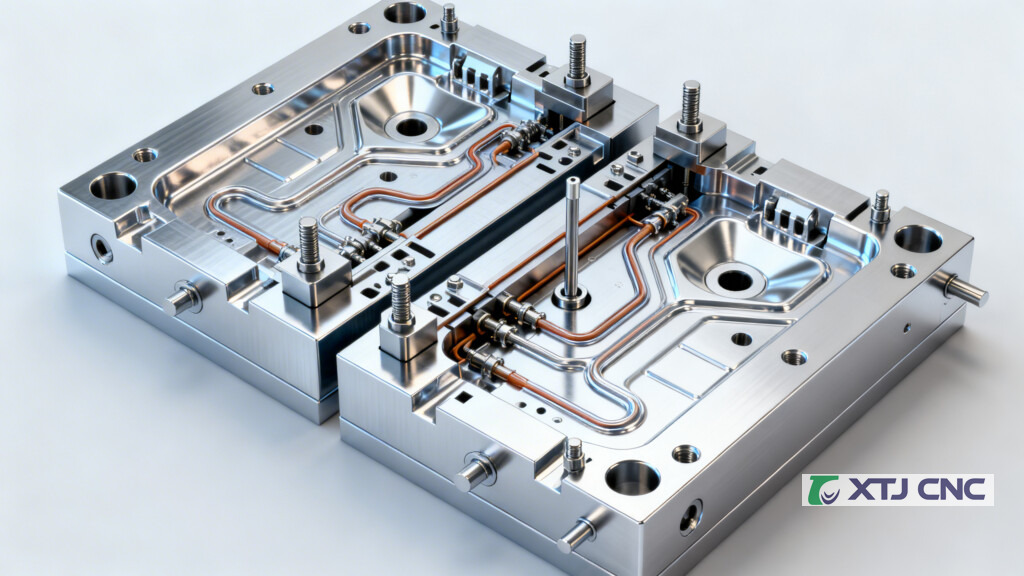 Cutaway view of die casting tooling with runners, gates, and ejectors