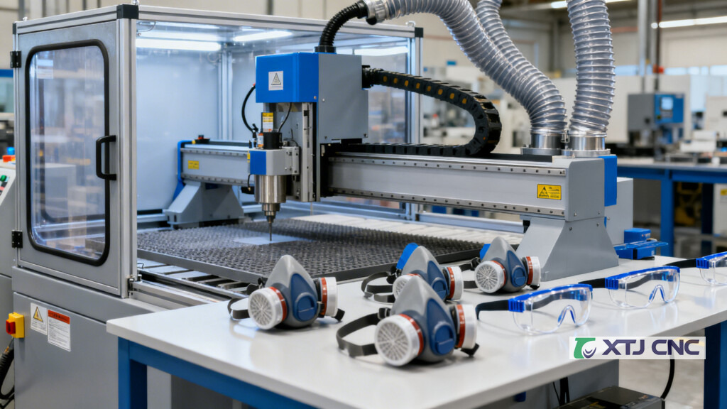 Dust extraction system and PPE beside CNC workstation