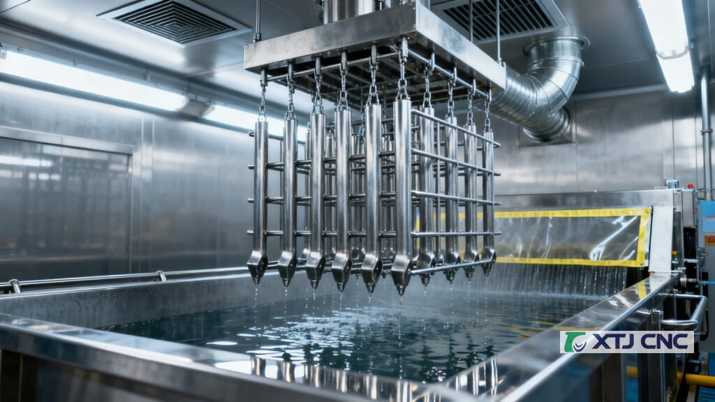 Electropolishing tank with racked stainless steel components