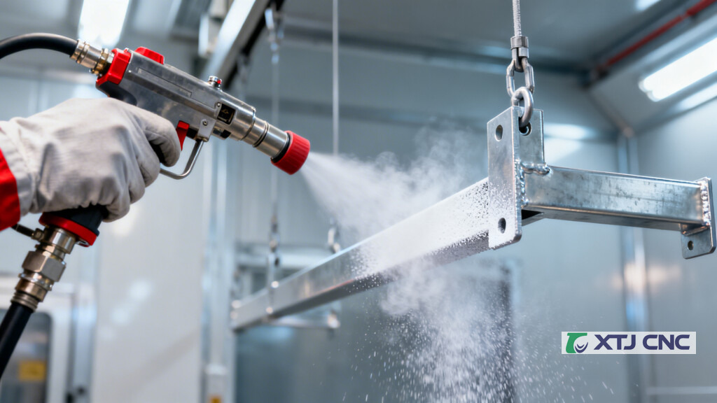 Electrostatic powder gun coating a steel bracket