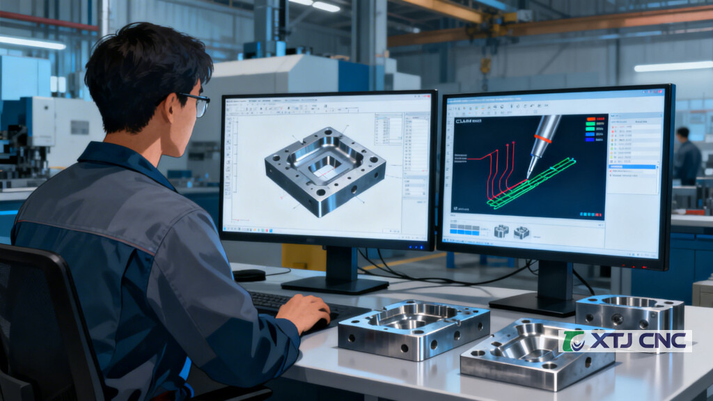 Engineer reviewing CAD, CAM toolpaths, and simulation for a die