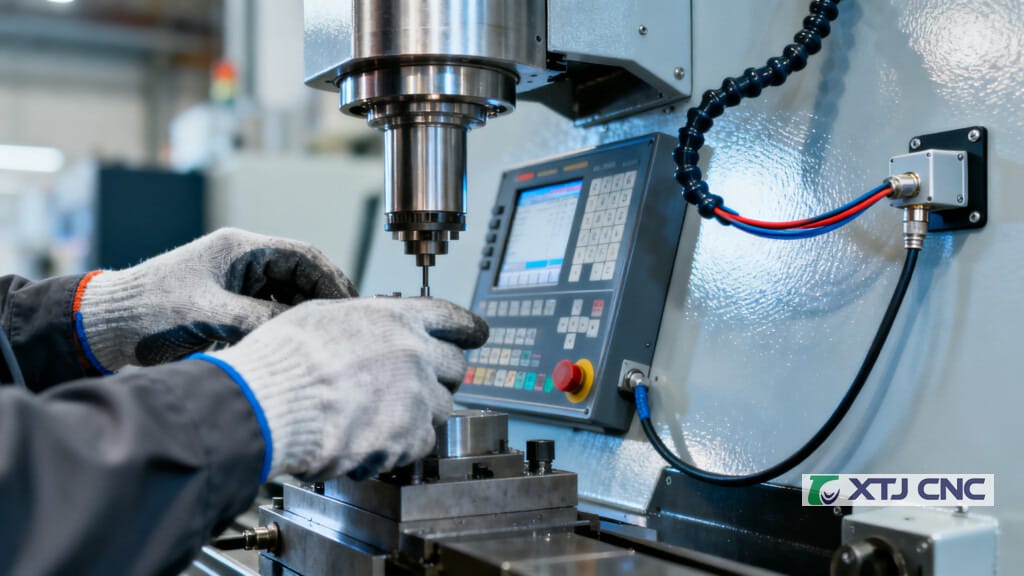 Engineer tuning CNC control near spindle with visible sensors