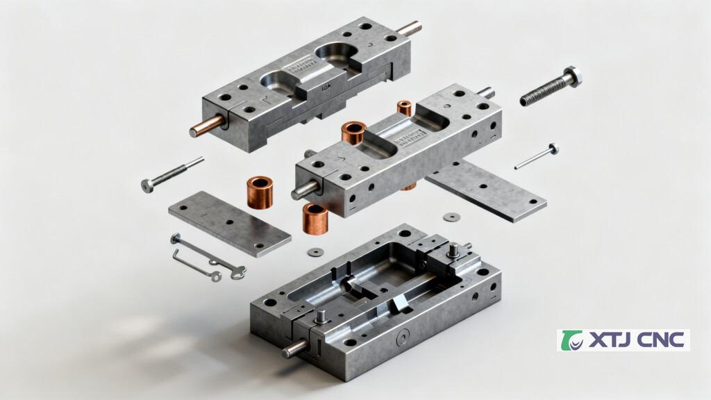 Exploded 3D view of die set components and alignment parts