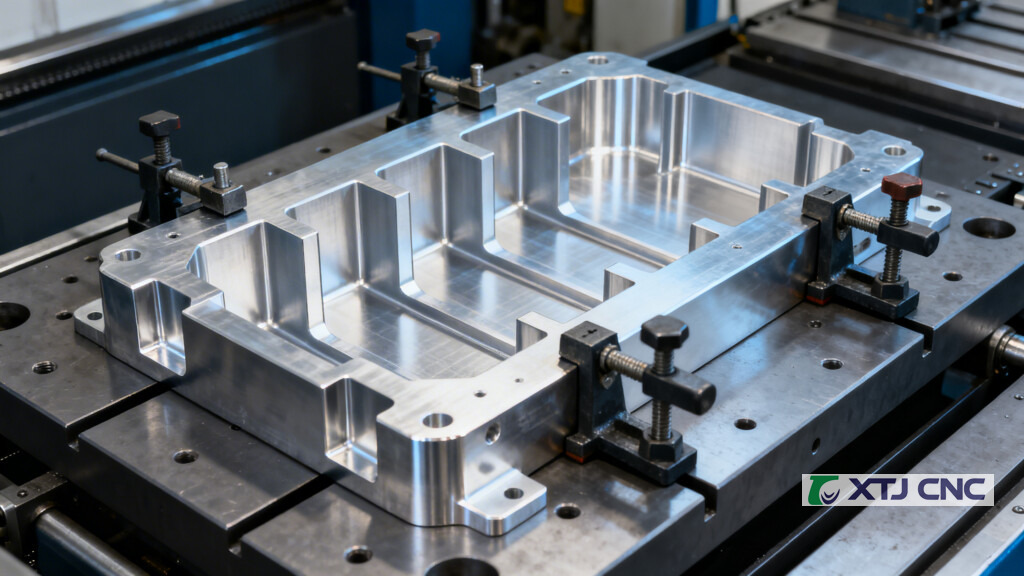 Fixture holding an aluminum ribbed part with shoulder-milled pockets