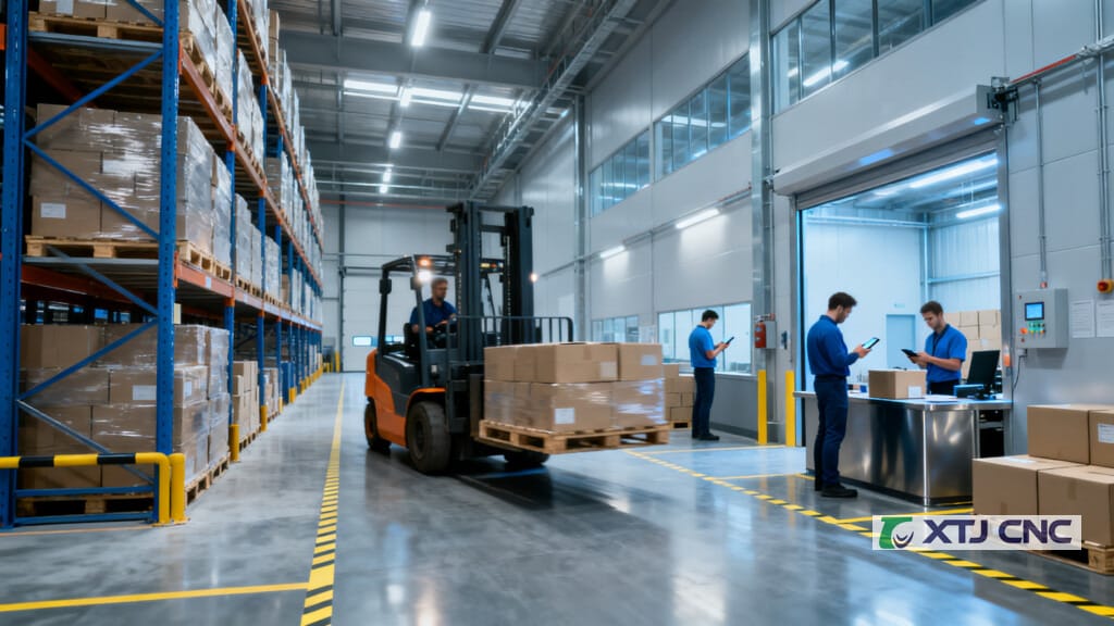 Forklift moving pallets in an organized warehouse aisle