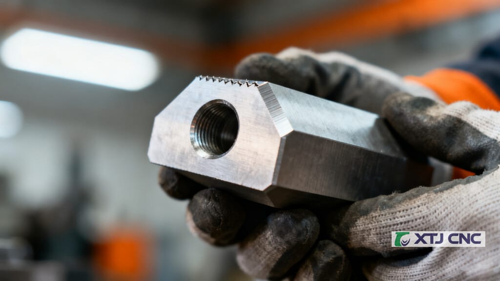 Gloved hands holding machined part with smooth chamfered edge