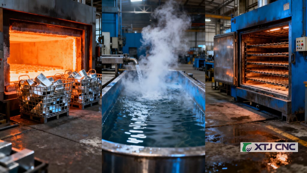 Heat treatment, quenching, and aging steps for aluminum parts