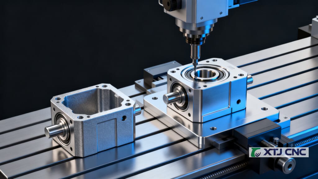 Hybrid manufacturing workflow showing 3D printed part being CNC finished