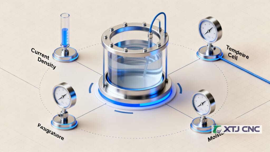 Illustration of instruments controlling current, temperature, and agitation