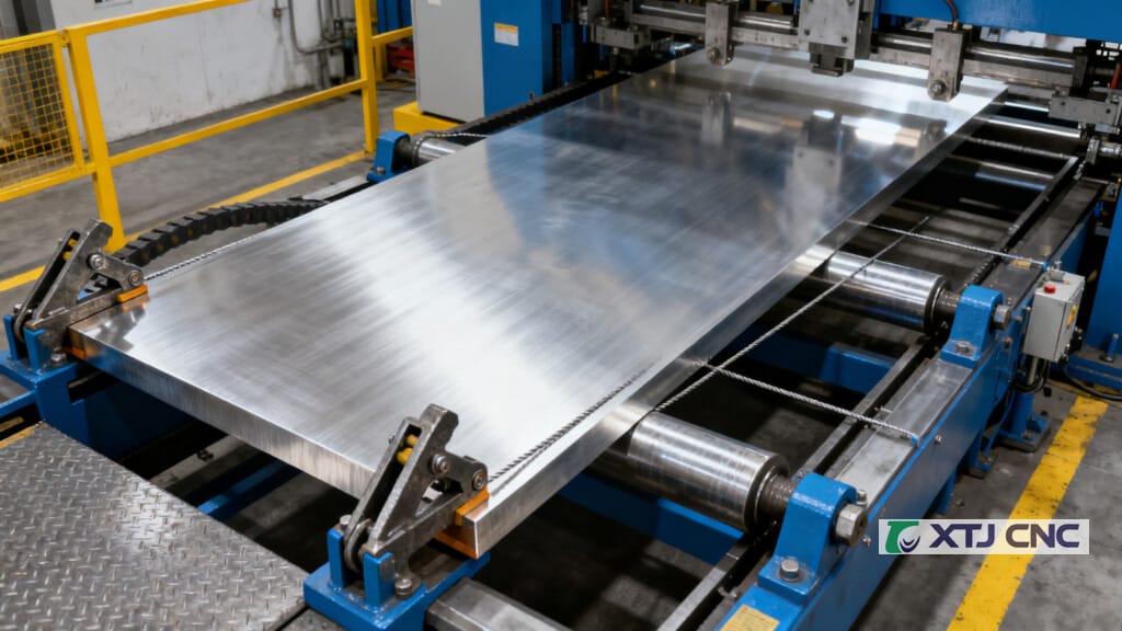 Industrial stretching machine stress-relieving an aluminum plate