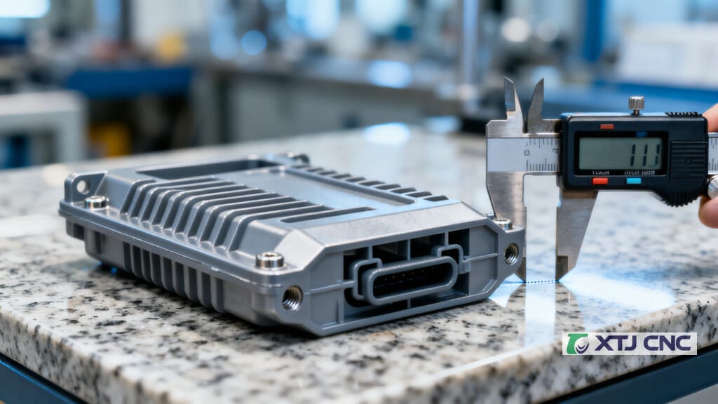 Injection molded housing being measured with calipers
