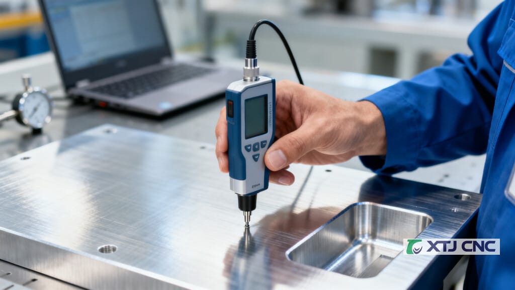 Inspector measuring surface roughness with a profilometer