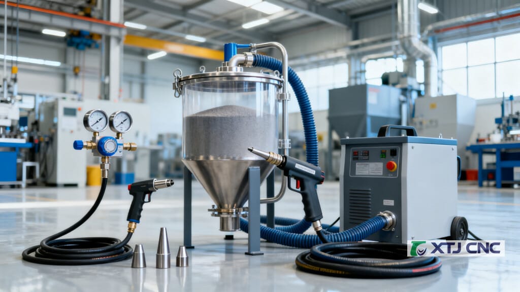 Key components of a bead blasting system on a bench