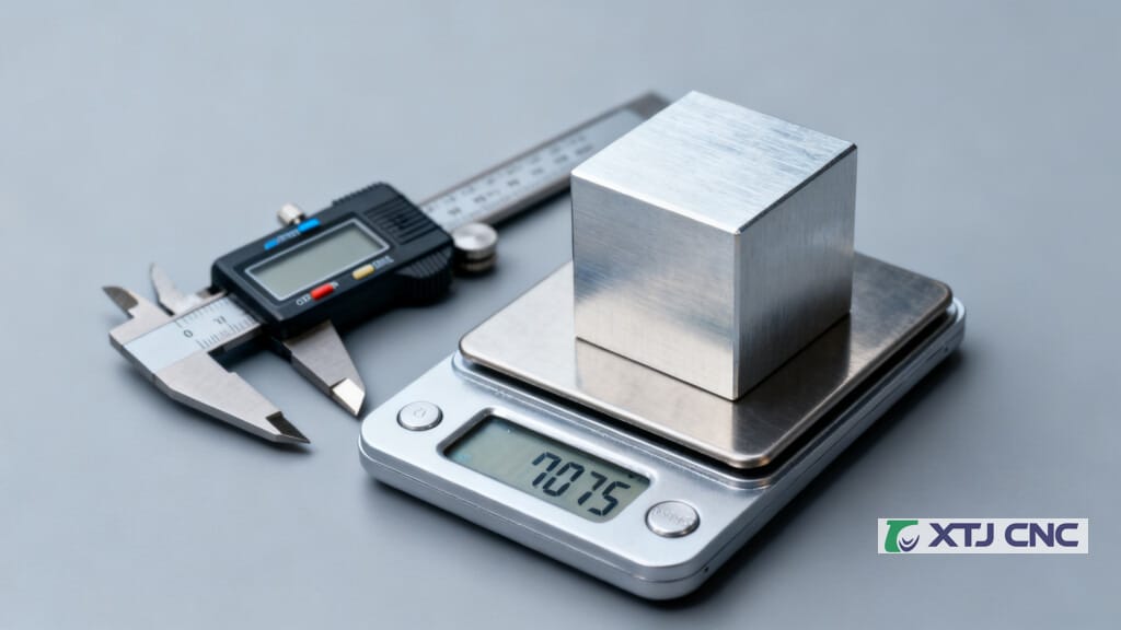 Lab setup measuring a machined aluminum cube with calipers