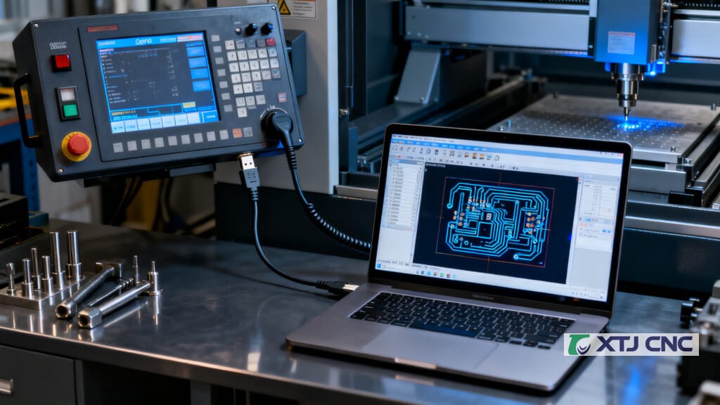 Laptop CAM toolpath preview connected to CNC controller