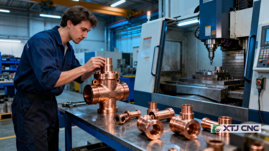 Machined bronze valve fittings on a CNC shop workbench