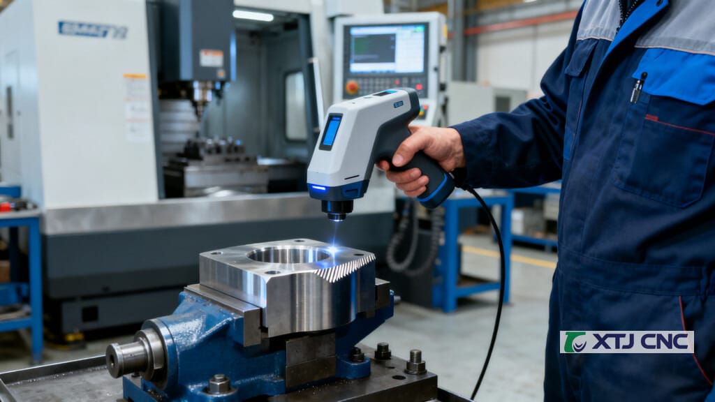 Machinist inspecting chamfer with handheld optical 3D scanner